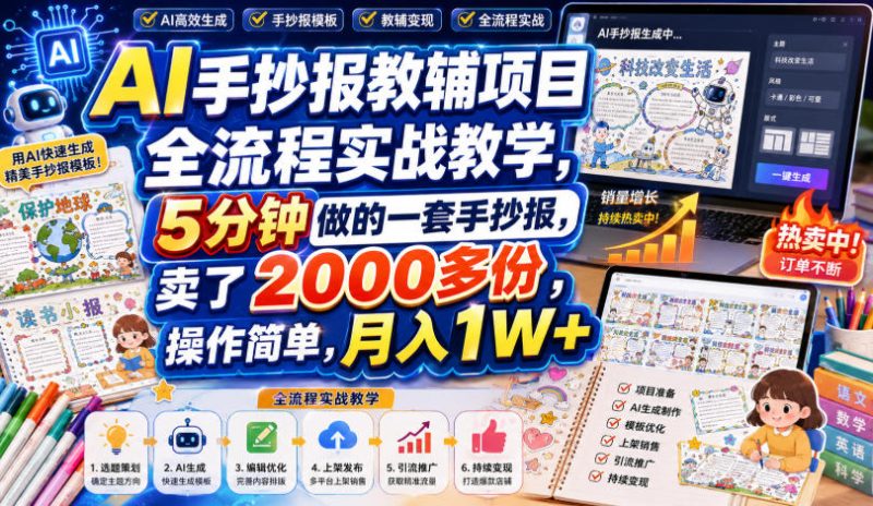 AI手抄报教辅项目全流程实战教学,5分钟做的一套手抄报,卖了2000多份,操作简单,月入1W+ - 冒泡网