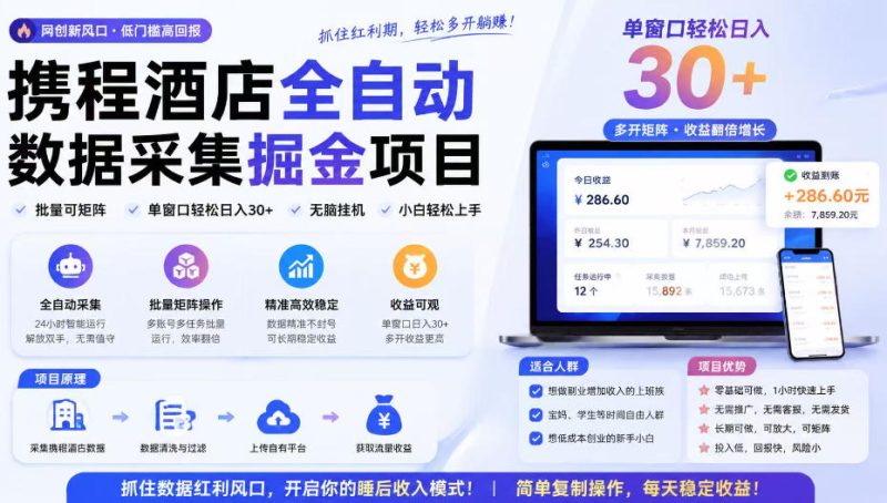 携程酒店采集挂G项目,批量可矩阵,单机轻松日入300+,开启你的睡后收入模式!-紫橙项目网