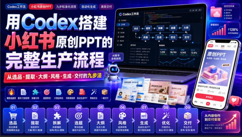 用Codex搭建小红书原创PPT的完整生产流程,从选品·提取·大纲·风格·生成·交付的九步法-紫橙项目网