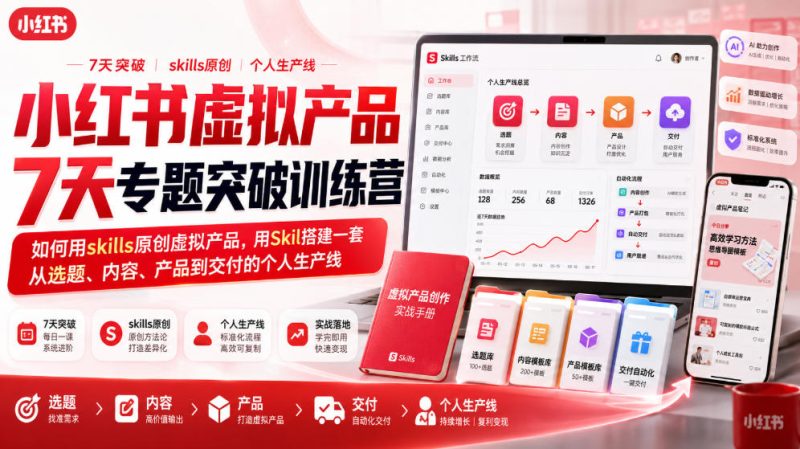 小红书虚拟产品7天专题突破训练营,如何用skills原创虚拟产品,用Skil搭建一套从选题、内容、产品到交付的个人生产线-紫橙项目网