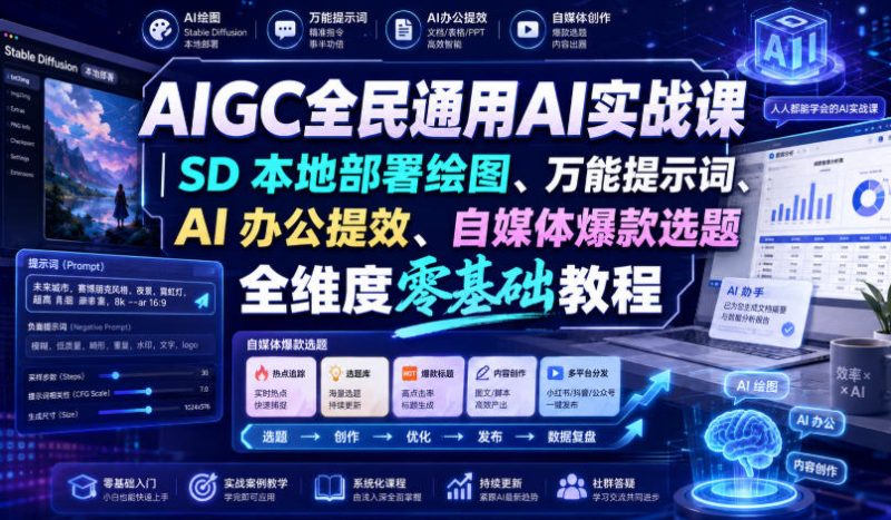 AIGC全民通用AI实战课｜SD本地部署绘图、万能提示词、AI办公提效、自媒体爆款选题全维度零基础教程-紫橙项目网