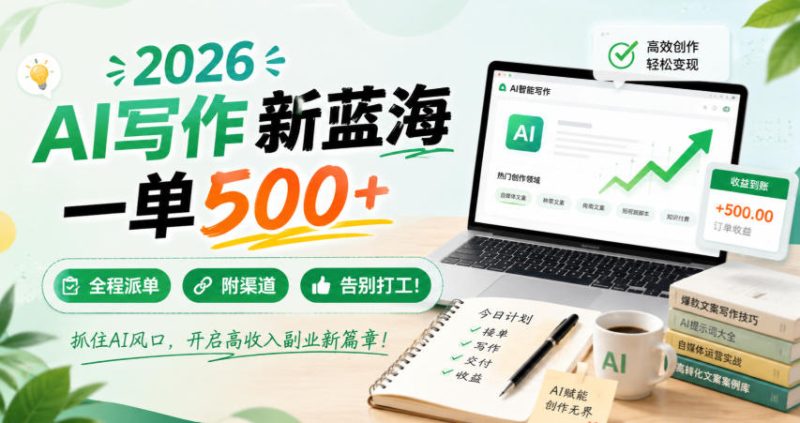2026 AI写作新蓝海,一单500+,全程派单,附渠道,告别打工!-紫橙项目网
