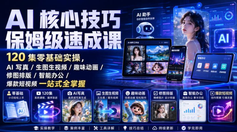 AI核心技巧保姆级速成课|120集零基础实操,AI写真/生图生视频/趣味动画/修图排版/智能办公/爆款短视频一站式全掌握-紫橙项目网