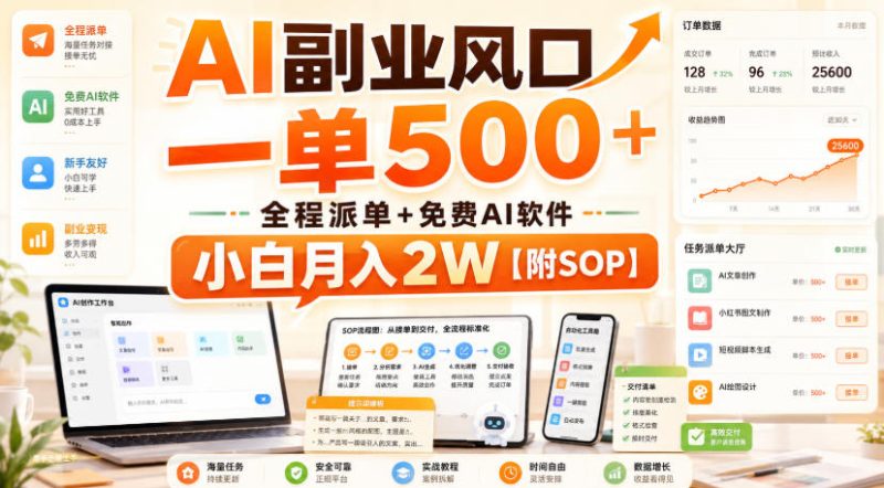 AI副业风口,一单500+,全程派单+免费AI软件,小白月入2W【附SOP】-紫橙项目网