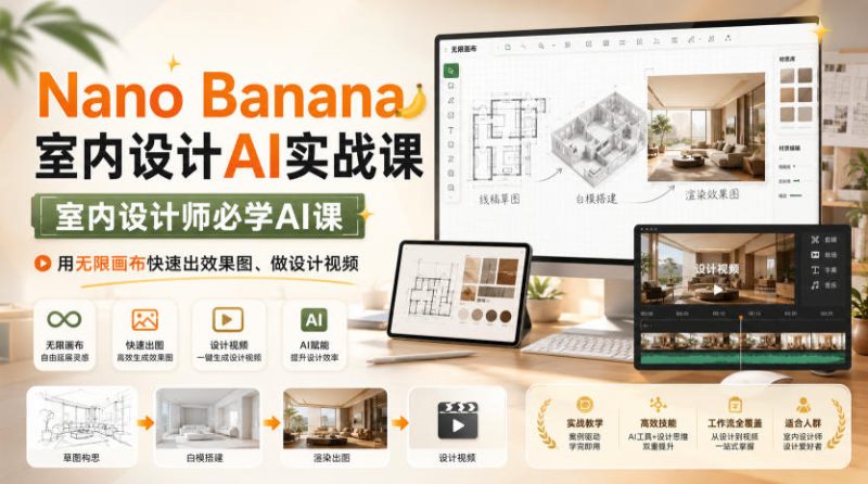 Nano Banana室内设计AI实战课,室内设计师必学AI课,用无限画布快速出效果图、做设计视频-紫橙项目网