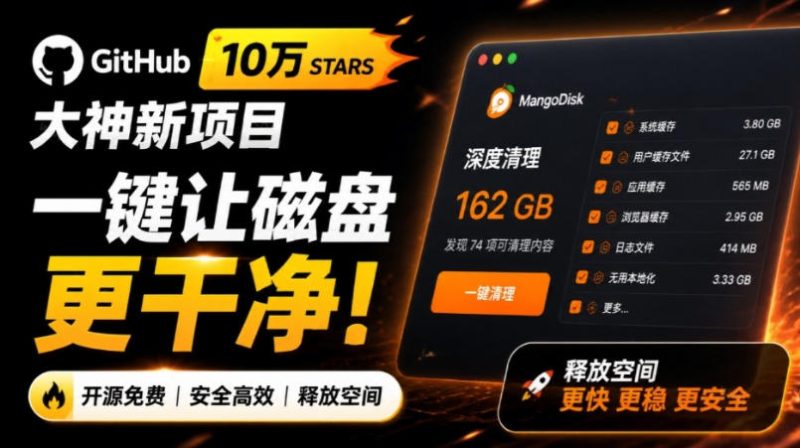 在Gtihub上做出10万stars的大神,又发布新项目了!一键让磁盘更干净,开源免费清理工具MangoDisk - 冒泡网
