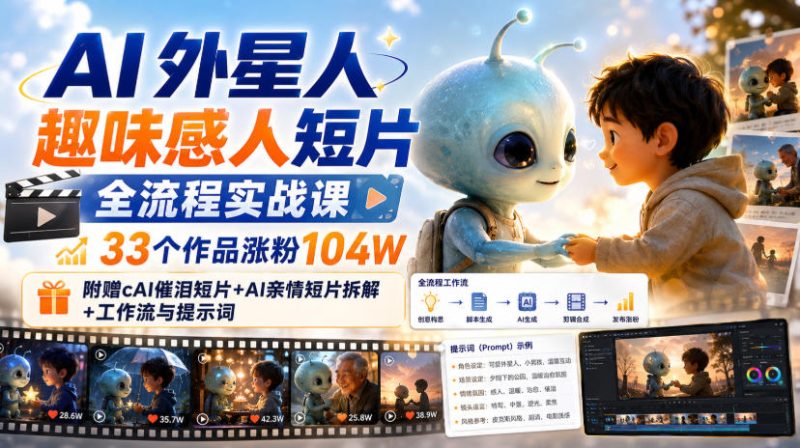 AI外星人趣味感人短片全流程实战课,33个作品涨粉104W,附赠AI催泪短片+AI亲情短片拆解+工作流与提示词-紫橙项目网