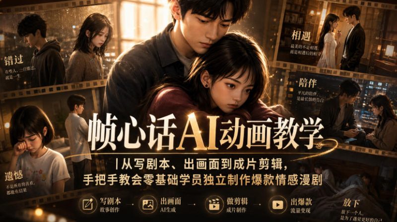 帧心话AI动画教学|从写剧本、出画面到成片剪辑,手把手教会零基础学员独立制作爆款情感漫剧 - 冒泡网