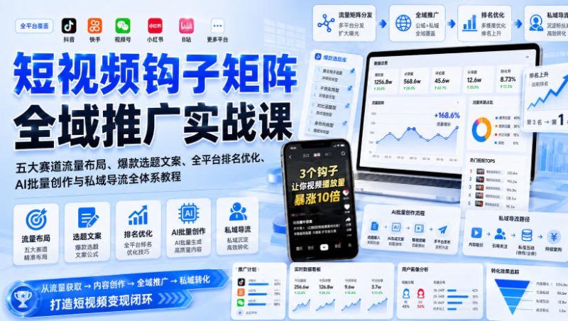 短视频钩子矩阵全域推广实战课|五大赛道流量布局、爆款选题文案、全平台排名优化、AI批量创作与私域导流全体系教程-紫橙项目网