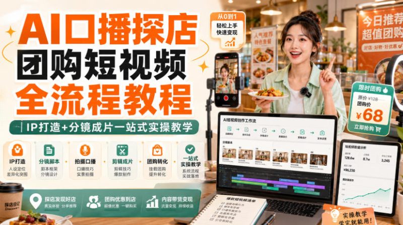 AI口播探店团购短视频全流程教程|IP打造+分镜成片一站式实操教学-紫橙项目网