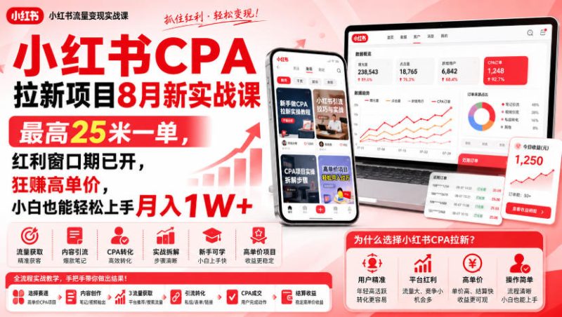 小红书CPA拉新项目8月新实战课，最高25米一单，红利窗口期已开，狂賺高单价，小白也能轻松上手月入1W+-紫橙项目网