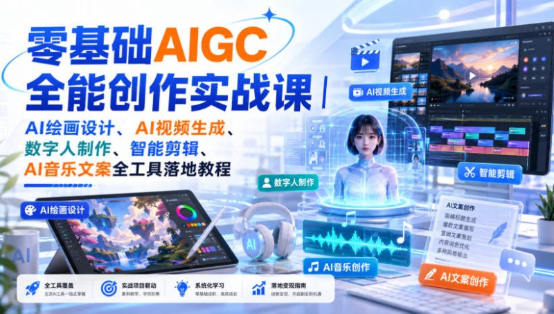 零基础AIGC全能创作实战课|AI绘画设计、AI视频生成、数字人制作、智能剪辑、AI音乐文案全工具落地教程 - 冒泡网