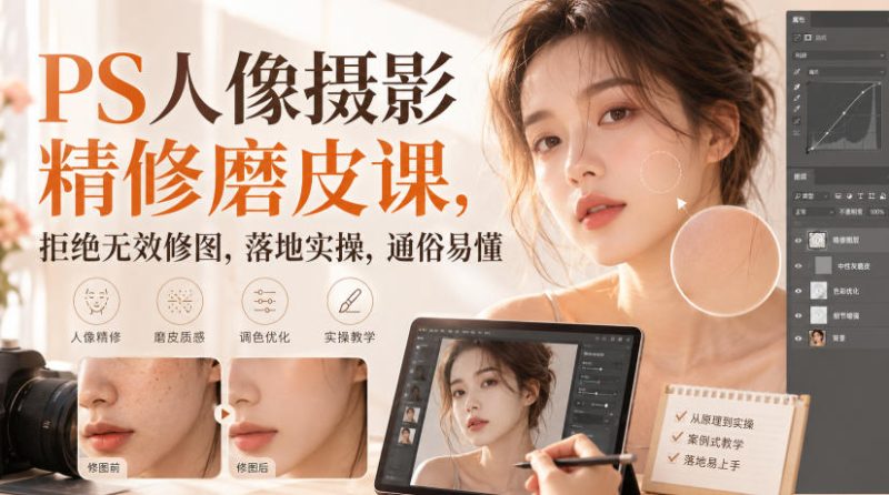 PS人像摄影精修磨皮课，拒绝无效修图，落地实操，通俗易懂-紫橙项目网