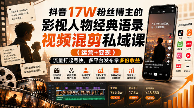 抖音17W粉丝博主的影视人物经典语录视频混剪私域课(运营+变现),流量大起号快,多平台发布拿多份收益-紫橙项目网