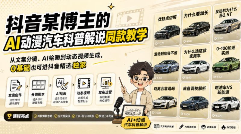 抖音某博主的AI动漫汽车科普解说同款教学,从文案分镜、AI绘画到动态视频生成,0基础解锁抖音精选独家收益-紫橙项目网