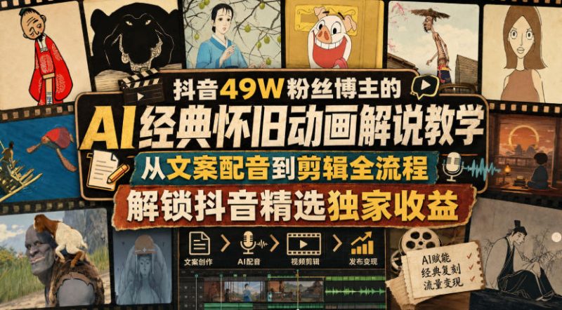 抖音49W粉丝博主的AI经典怀旧动画解说教学,从文案配音到剪辑全流程,解锁抖音精选独家收益-紫橙项目网