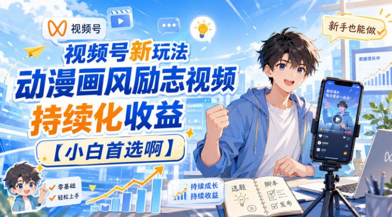 视频号新玩法动漫画风励志视频,持续化收益【小白首选啊】-紫橙项目网