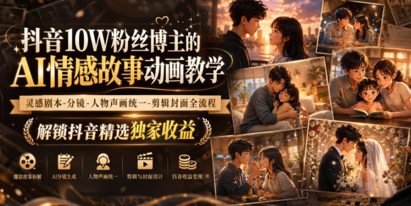 抖音10W粉丝博主的AI情感故事动画教学,灵感剧本‑分镜‑人物声画统一‑剪辑封面全流程,解锁抖音精选独家收益-紫橙项目网