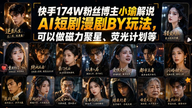 快手174W粉丝博主小瑜解说AI短剧漫剧搬运玩法,可以做磁力聚星、荧光计划等-紫橙项目网