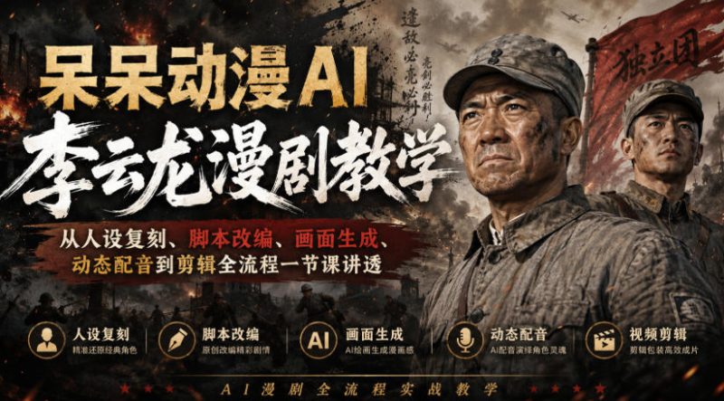 呆呆动漫AI李云龙漫剧教学，从人设复刻、脚本改编、画面生成、动态配音到剪辑全流程一节课讲透-紫橙项目网