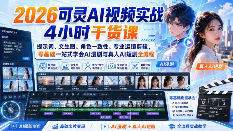 2026可灵AI视频实战4小时干货课|提示词、文生图、角色一致性、专业运镜剪辑,零基础一站式学会AI漫剧与真人AI短剧全流程-紫橙项目网