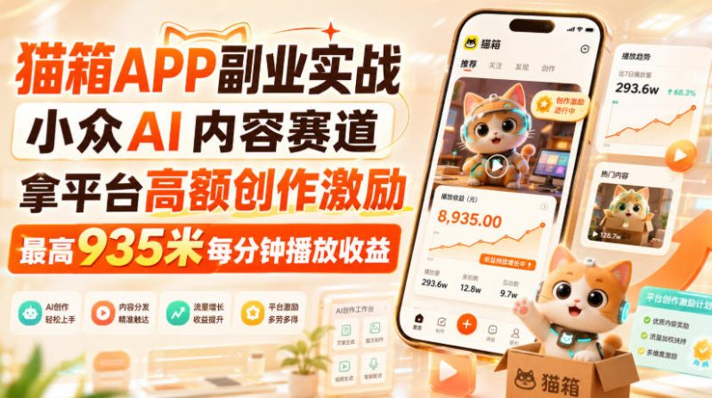 猫箱APP副业实战,小众AI内容赛道,拿平台高额创作激励,最高935米每分钟播放收益-紫橙项目网