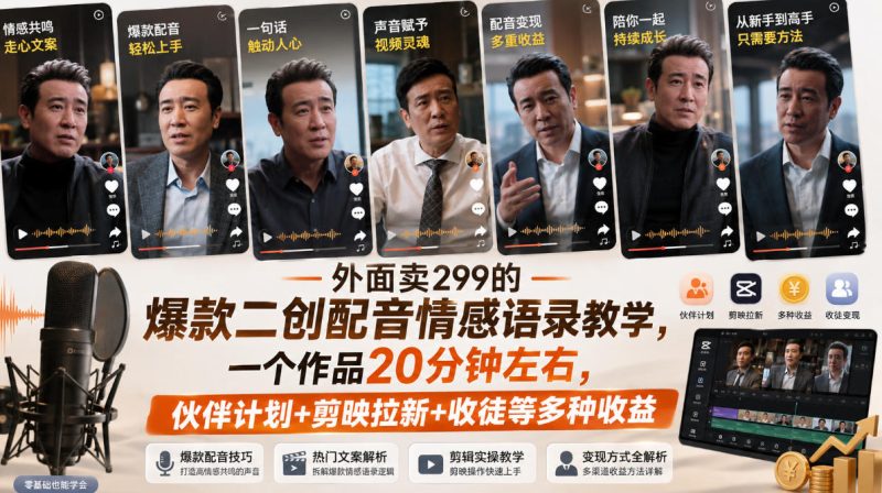 外面卖299的爆款二创配音情感语录教学,一个作品20分钟左右,伙伴计划+剪映拉新+收徒等多种收益-紫橙项目网