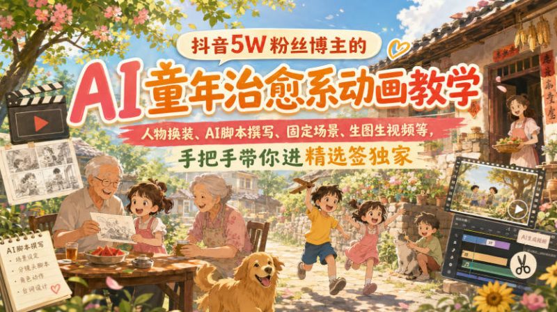 抖音5W粉丝博主的AI童年治愈系动画教学,人物换装、AI脚本撰写、固定场景、生图生视频等,手把手带你进精选签独家-紫橙项目网