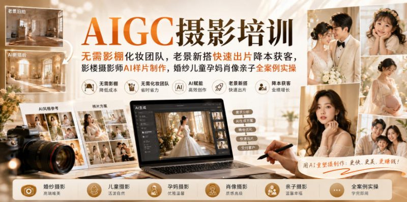 AIGC摄影培训|无需影棚化妆团队,老景新搭快速出片降本获客,影楼摄影师AI样片制作,婚纱儿童孕妈肖像亲子全案例实操 - 冒泡网