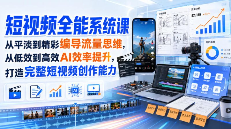 短视频全能系统课,从平淡到精彩编导流量思维,从低效到高效AI效率提升,打造完整短视频创作能力(2026年8月30更新233集) - 冒泡网