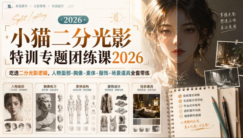 小猫二分光影特训专题团练课2026|吃透二分光影逻辑,人物面部‑胸像‑素体‑服饰‑场景道具全套带练,高清画质附赠课件与笔刷-紫橙项目网