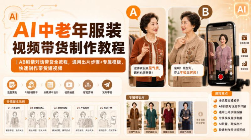 AI中老年服装视频带货制作教程|AB剧情对话带货全流程,通用出片步骤+专属模板,快速制作带货短视频-紫橙项目网