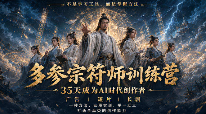 多参宗符师训练营,35天成为AI时代创作者,广告|短片|长剧,一种方法,三段实训,举一反三,打通全品类的创作能力-紫橙项目网