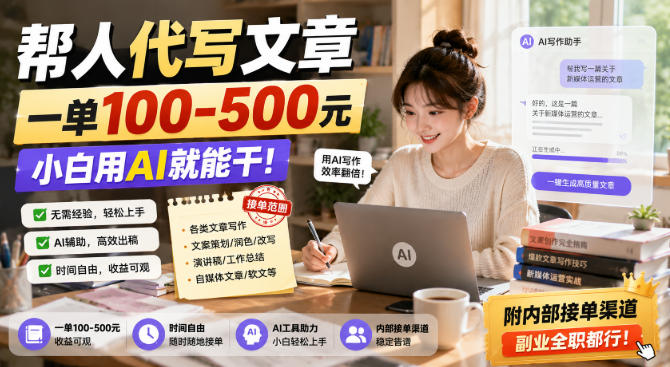 帮人代写文章,一单100-500,小白用AI就能干,附内部接单渠道,副业全职都行-紫橙项目网
