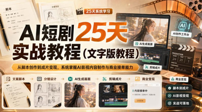 AI短剧25天实战教程(文字版教程),从脚本创作到成片变现,系统掌握AI影视内容制作与商业接单能力-紫橙项目网