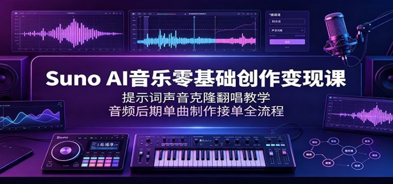 Suno AI音乐零基础创作变现课:提示词声音克隆翻唱教学,音频后期单曲制作接单全流程-紫橙项目网