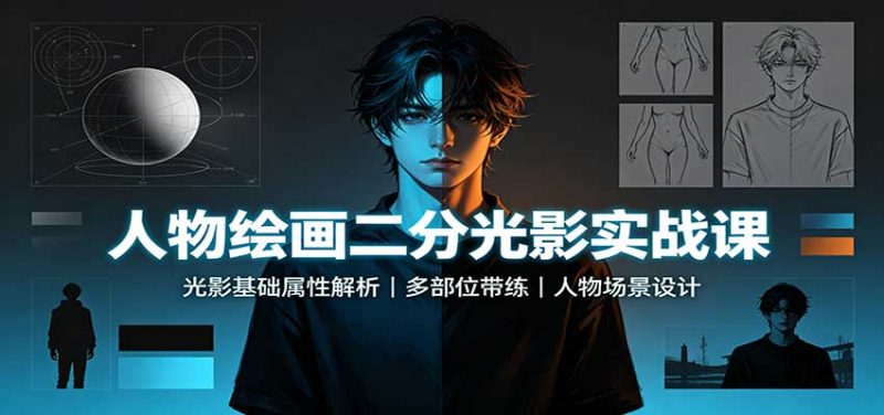 人物绘画二分光影实战课:光影基础属性解析,多部位带练,人物场景设计-紫橙项目网