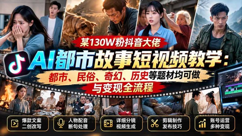 某130W粉抖音大佬AI都市故事短视频教学:都市、民俗、奇幻、历史等题材均可做与变现全流程-紫橙项目网