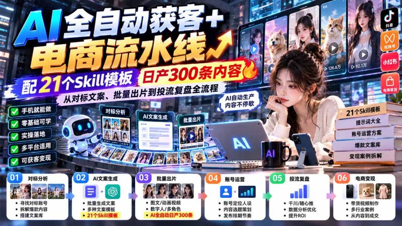 【无水印】AI全自动获客+电商流水线-更新0928:配21个Skill模板,日产300条内容,从对标文案、批量出片到投流全流程-紫橙项目网