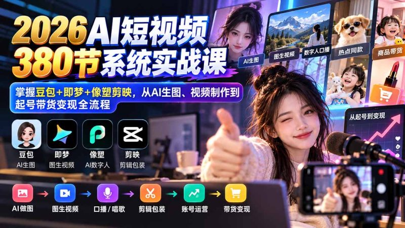 【无水印】2026AI短视频380节系统实战课:掌握豆包+即梦+像塑剪映,从AI生图、视频制作到起号带货变现全流程-紫橙项目网