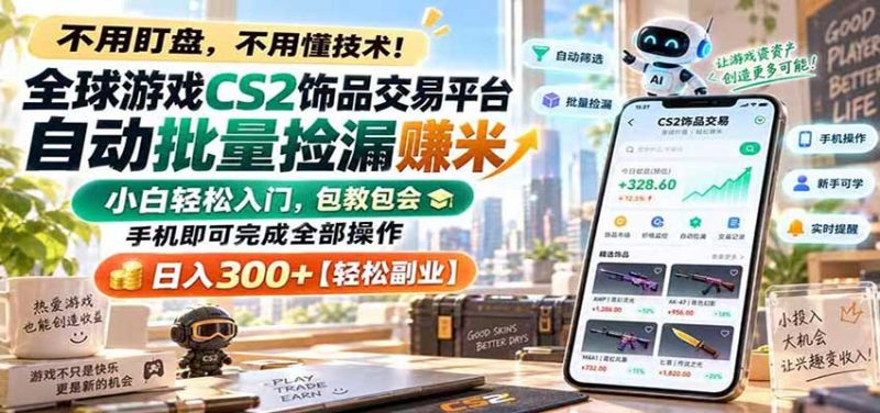 全球游戏CS2饰品交易平台自动批量捡漏赚米,手机即可完成全部操作,日入300+-紫橙项目网
