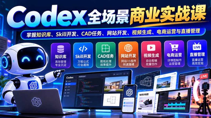 【无水印】Codex全场景商业实战课:掌握知识库、Skill开发、CAD任务、网站开发、视频生成、电商运营与直播管理-紫橙项目网