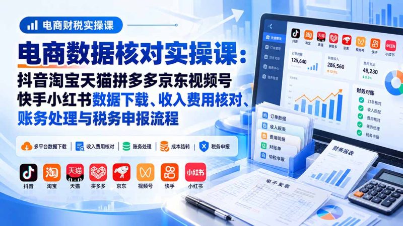 电商数据核账实操课:抖音淘宝天猫拼多多京东视频号快手小红书数据下载、收入费用核对、账务处理与税务申报流程-紫橙项目网