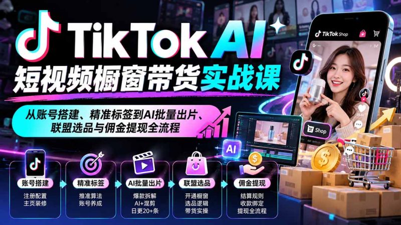 TikTok AI短视频橱窗带货实战课:从账号搭建、精准标签到AI批量出片、联盟选品与佣金提现全流程-紫橙项目网