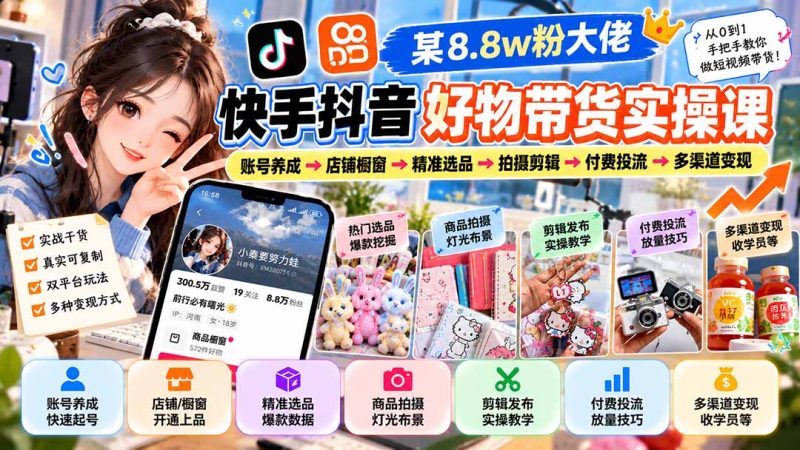 某8.8w粉大佬快手抖音好物带货实操课:账号养成→店铺橱窗→精准选品→拍摄剪辑→付费投流→多渠道变现-紫橙项目网