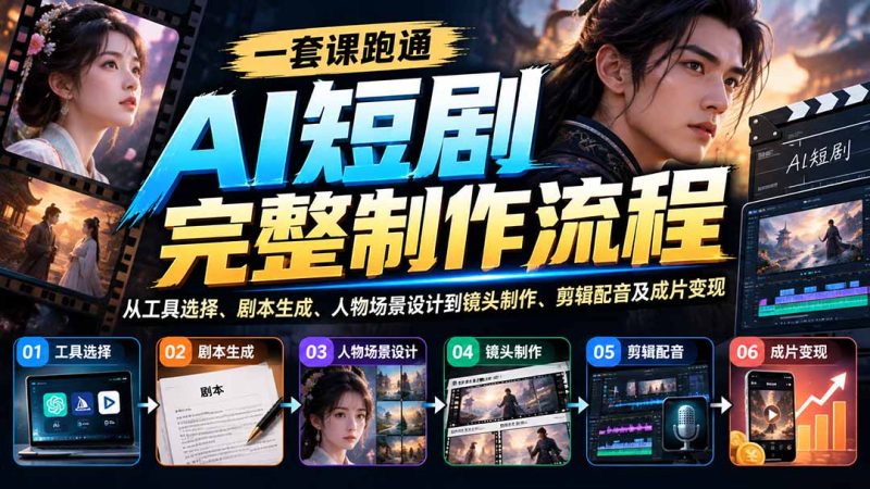 一套课跑通AI短剧完整制作流程:从工具选择、剧本生成、人物场景设计到镜头制作、剪辑配音及成片变现-紫橙项目网