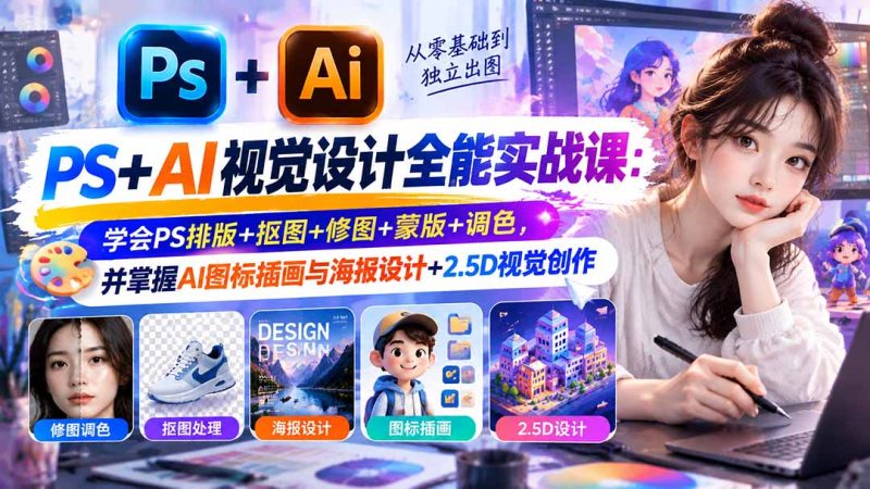 【无水印】PS+AI视觉设计全能实战课：学会PS排版+抠图+修图+蒙版+调色，并掌握AI图标插画与海报设计+2.5D视觉创作-紫橙项目网