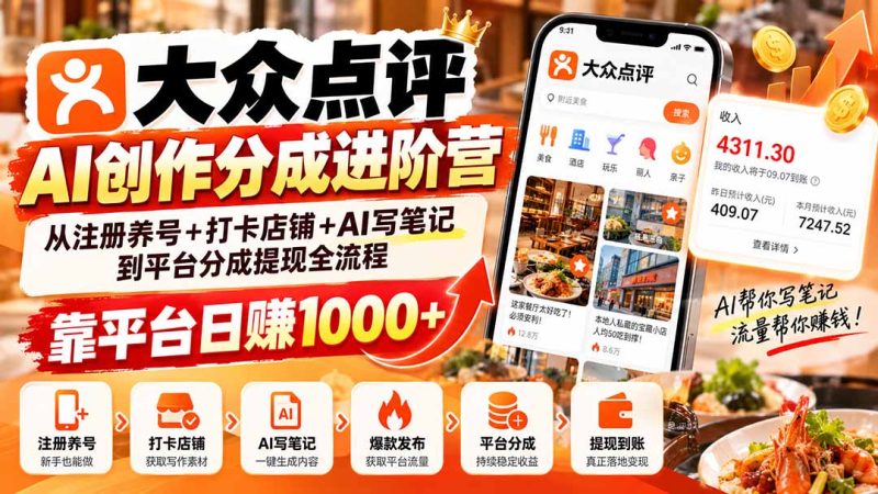大众点评AI创作分成进阶营:从注册养号+打卡店铺+AI写笔记到平台分成提现全流程,靠平台日赚1000+-紫橙项目网