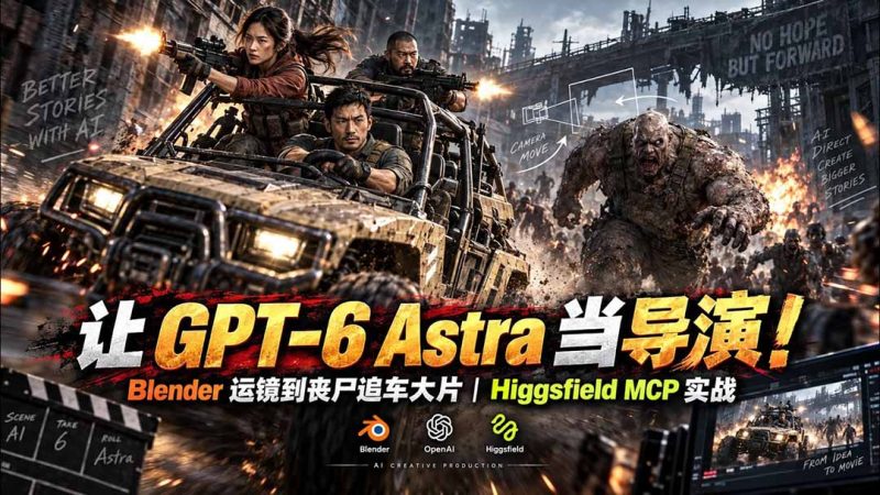 【无水印】让 GPT-6 Astra 当导演！Blender 运镜到丧尸追车大片｜Higgsfield MCP 实战-紫橙项目网