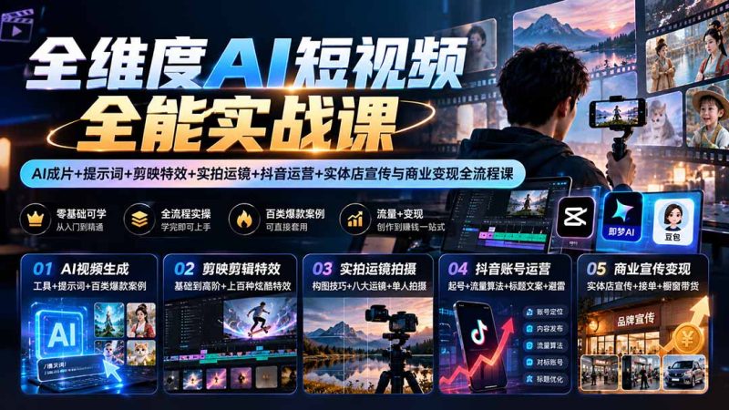 【无水印】全维度AI短视频全能实战课：AI成片+提示词+剪映特效+实拍运镜+抖音运营+实体店宣传与商业变现全流程课-紫橙项目网